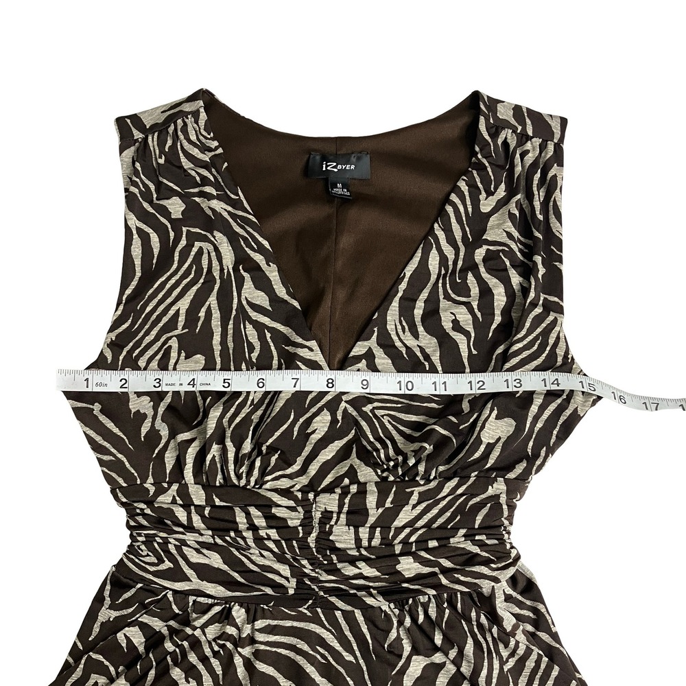 Y2K IZ Byer Zebra Dress Medium Brown Ruched Babydoll Empire Tie Waist Sleeveless - Picture 10 of 14